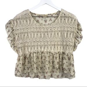 Daytrip Bird Print Crochet Lace Sheer Cropped Top Women Sz S